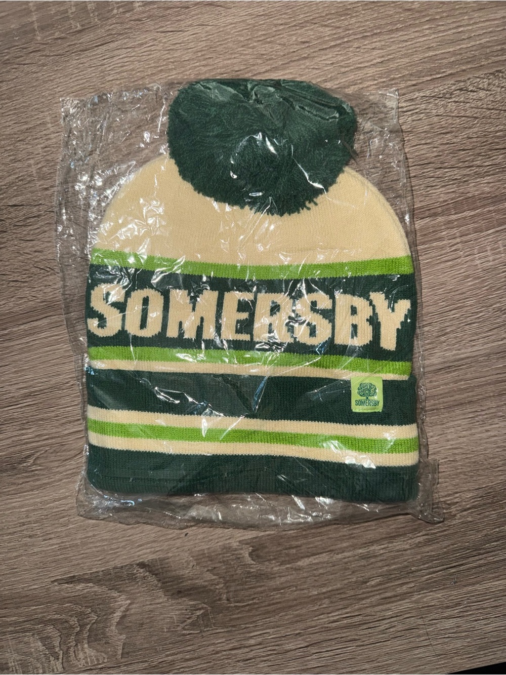 Green and Cream Pom Beanie Hat